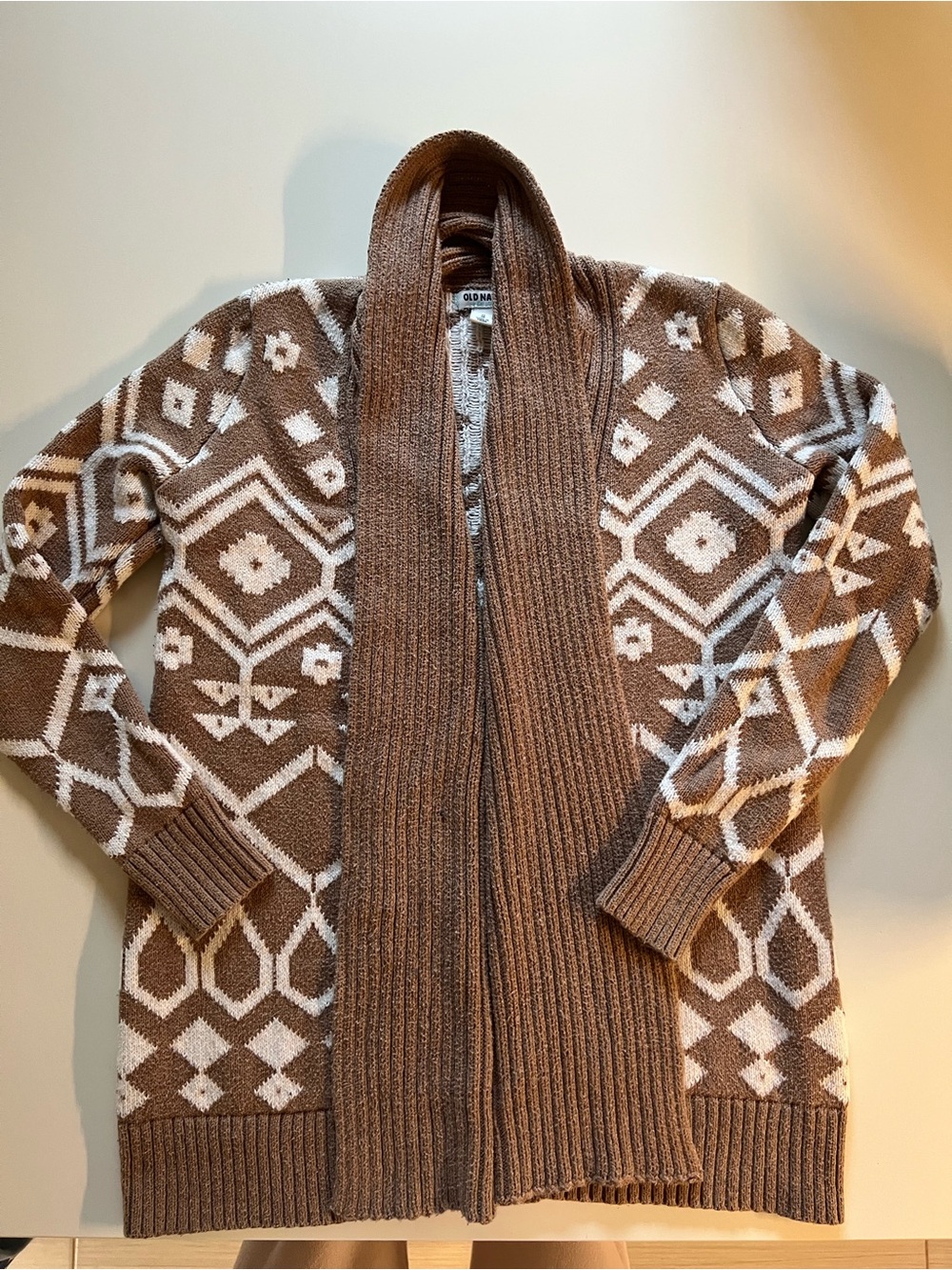Old Navy Brown and Cream Geometric Shawl Cardigan